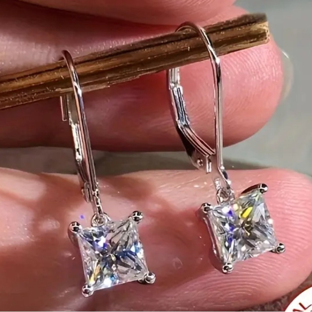 Silver Drop Earrings with Princess Cut Stones